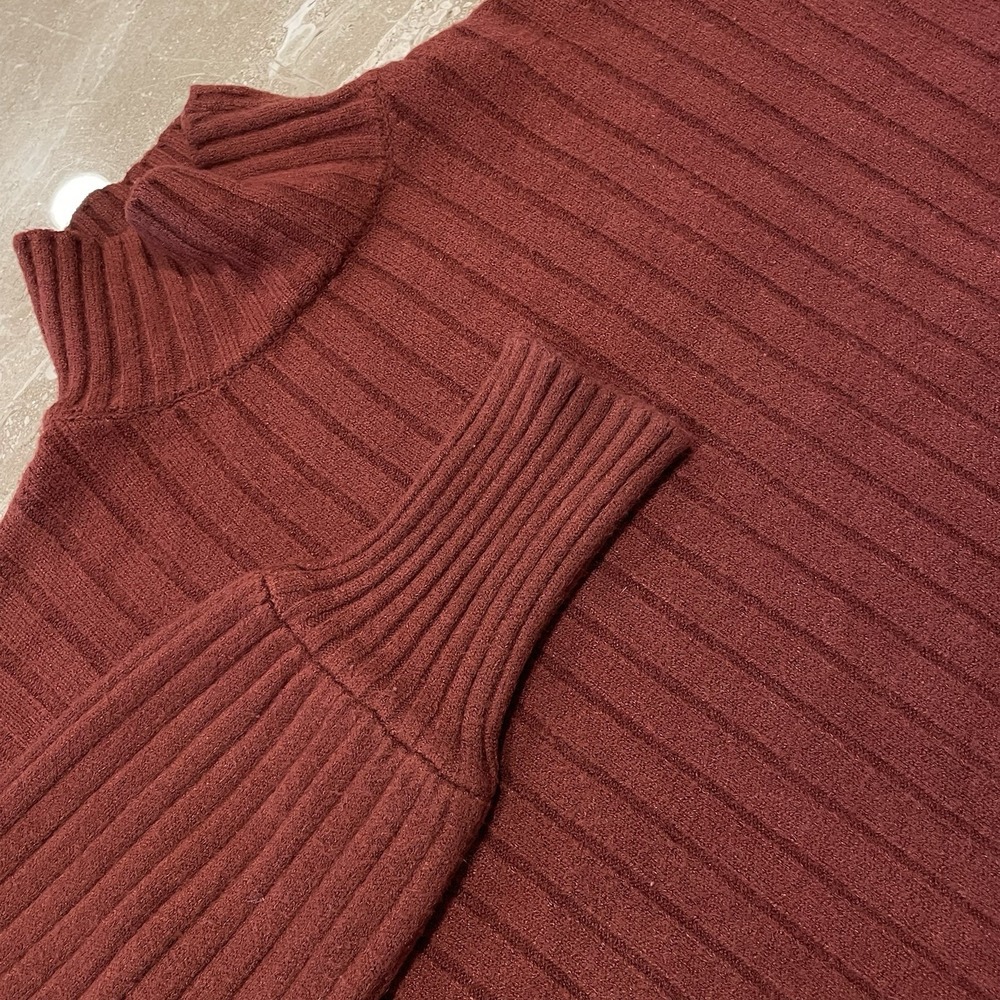Womens Cropped Ribbed Sweater‎ Mock Turtleneck Rust Red Brown Fisherman College